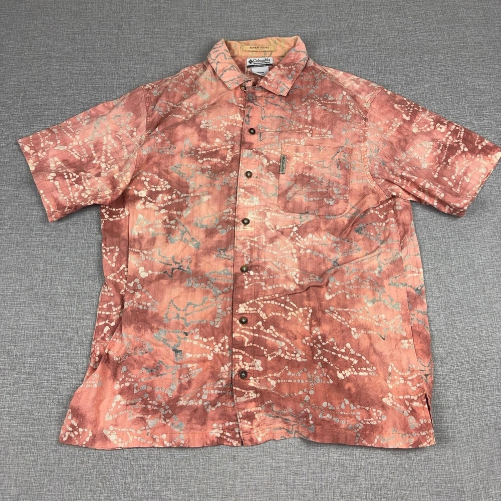 Columbia River Lodge Shirt Mens Medium Pink Graphic Short Sleeve Button Up
